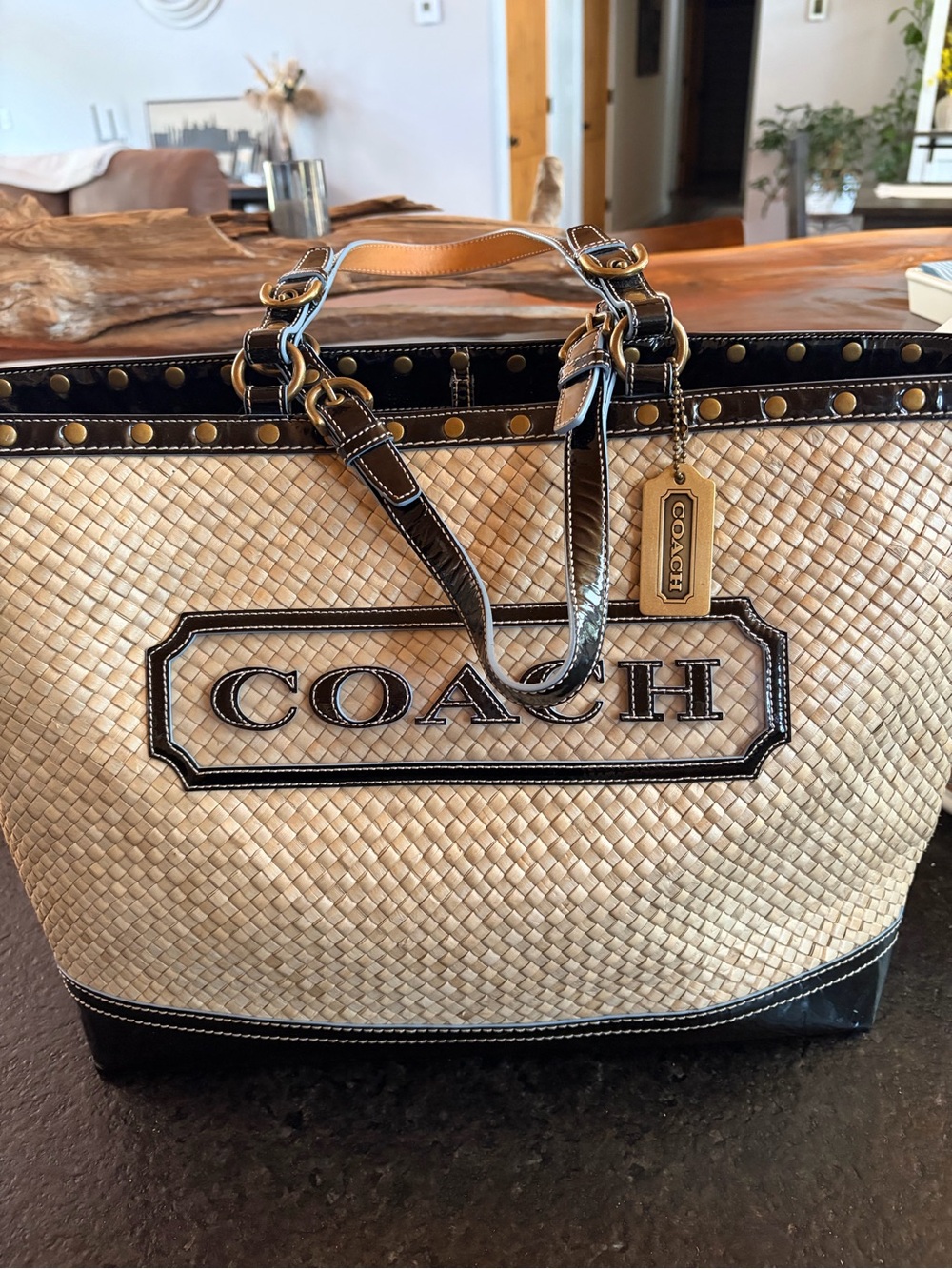 Coach Beige Woven Tote with Black Trim and Gold Accents